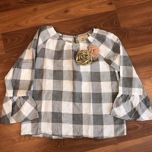 Peek Girls Grey, White &Gold Plaid bell sleeve top